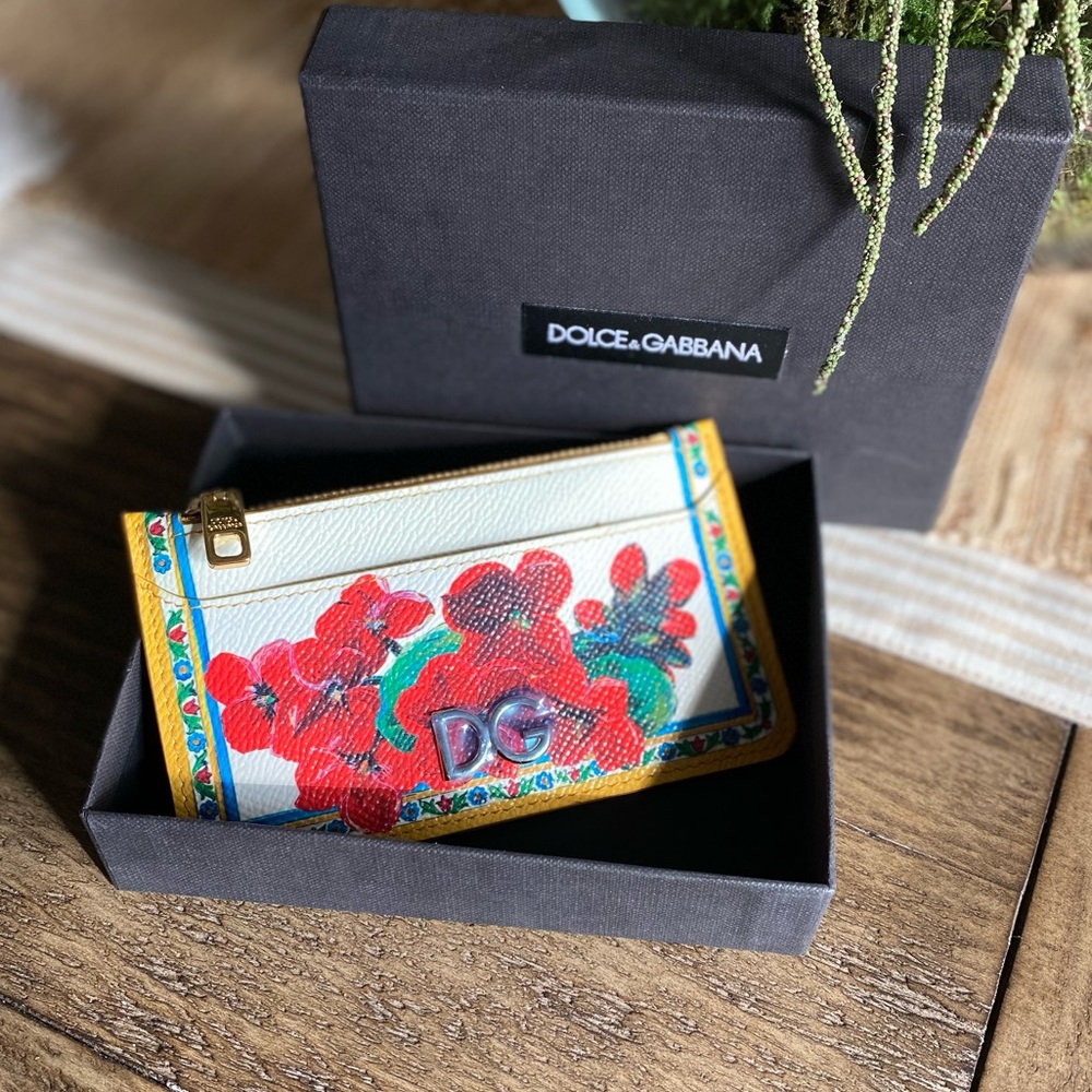 DOLCE & GABBANA Geranium Majolica Printed Vitello Leather Floral Card ID Wallet